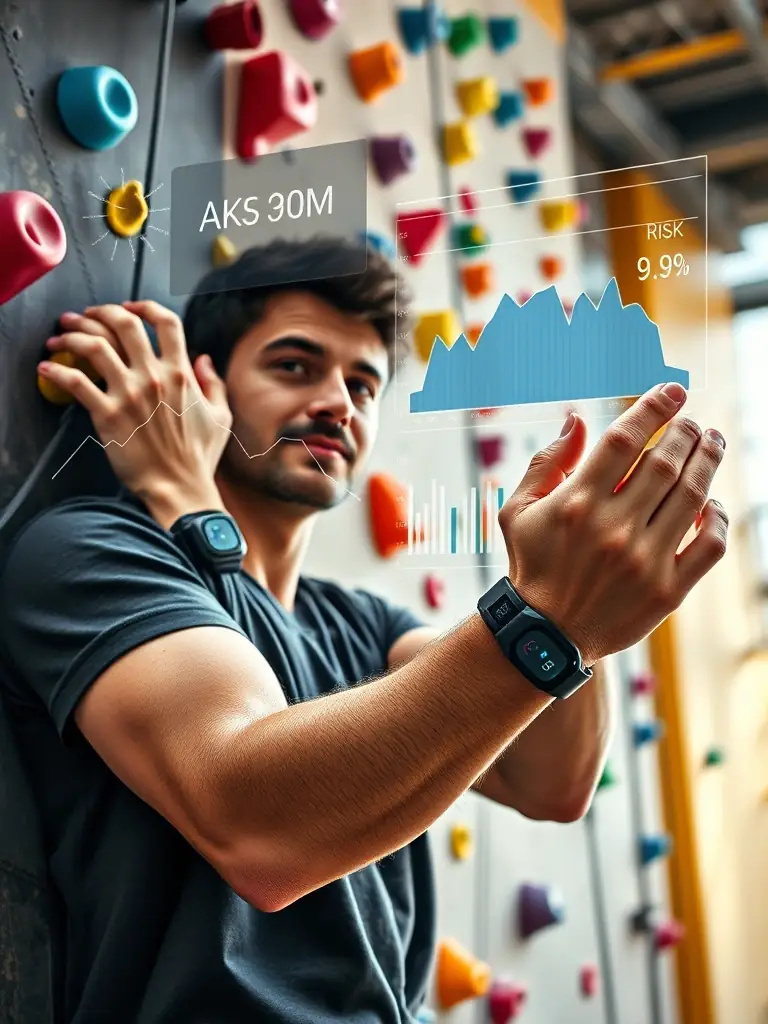 An image depicting a risk assessment dashboard within the Xtrem Reboot app, highlighting safety scores, required gear, and potential hazards for a specific adventure activity, such as rock climbing.