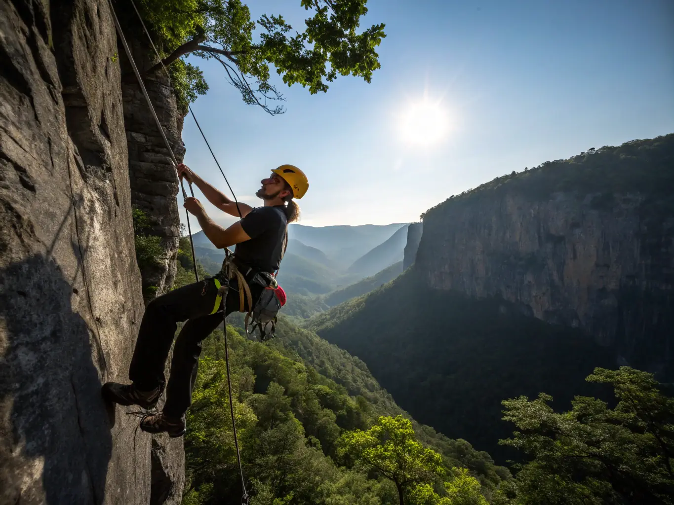A photograph of a rock climbing instructor belaying a climber on a sunny day, showcasing the adventure and expertise involved.