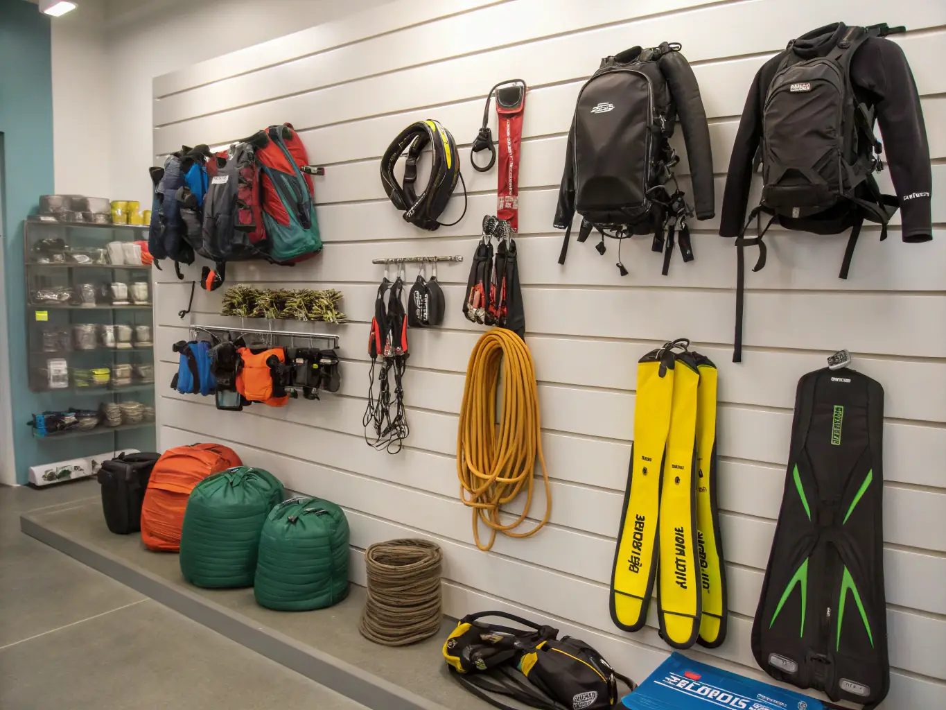 An image of various adventure gear (helmets, ropes, backpacks) neatly arranged, subtly showcasing affiliate partnerships with gear and insurance providers.