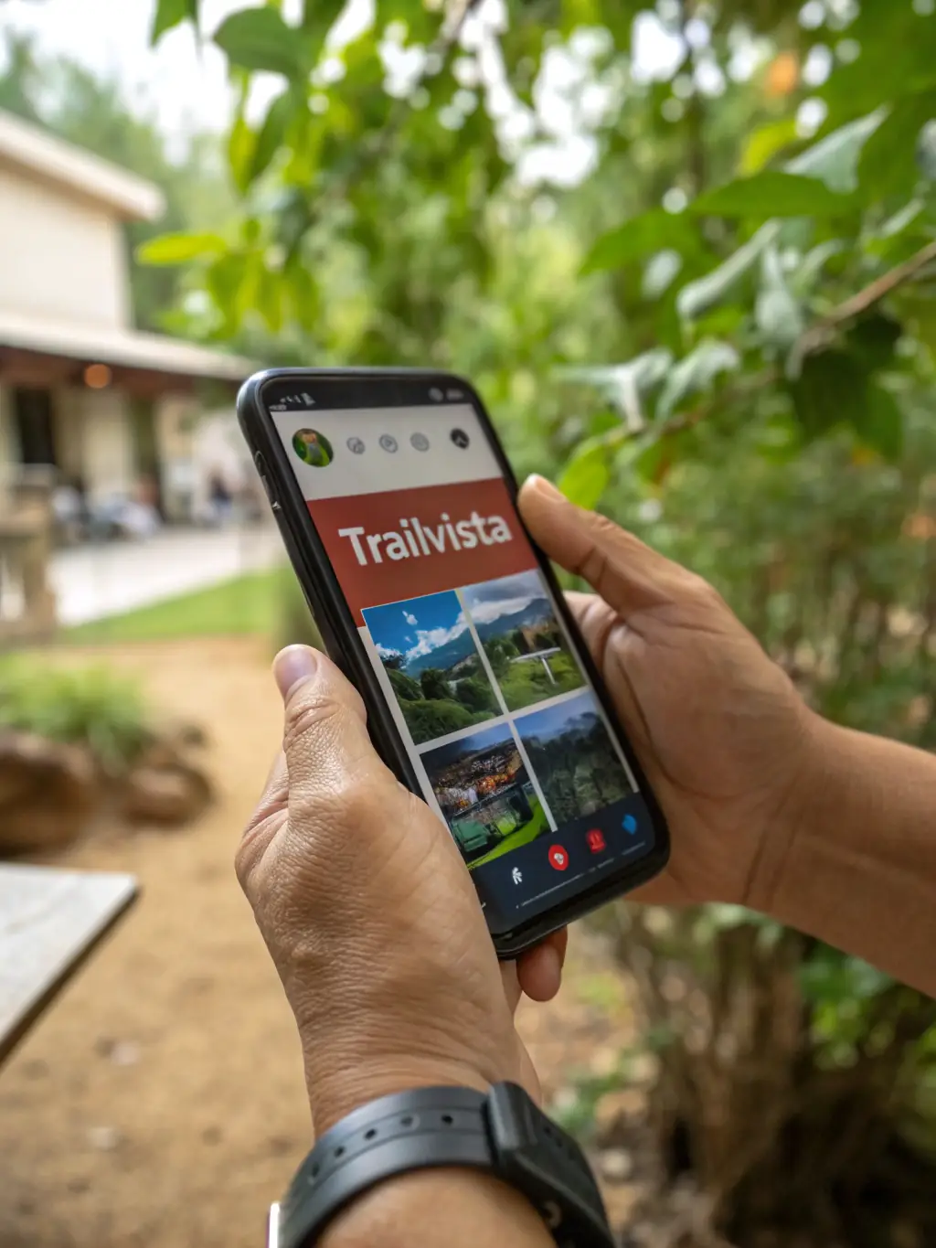A vibrant image of a smartphone displaying Xtrem Reboot's smart recommendation interface, showing personalized adventure suggestions based on user preferences, set against a backdrop of a scenic mountain trail.
