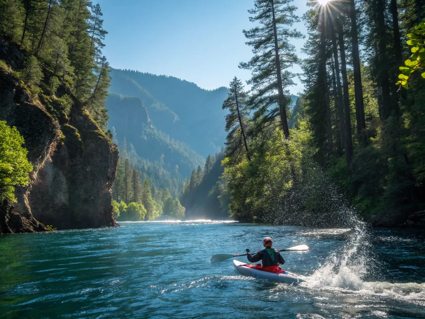An image of an instructor leading a group of kayakers through a scenic river, emphasizing the guided experience.