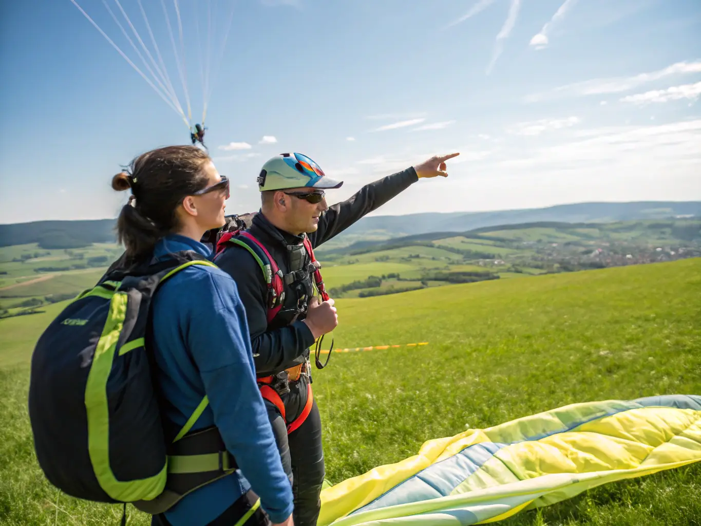 A picture of a paragliding instructor preparing equipment with a student, highlighting the safety and expertise aspects.