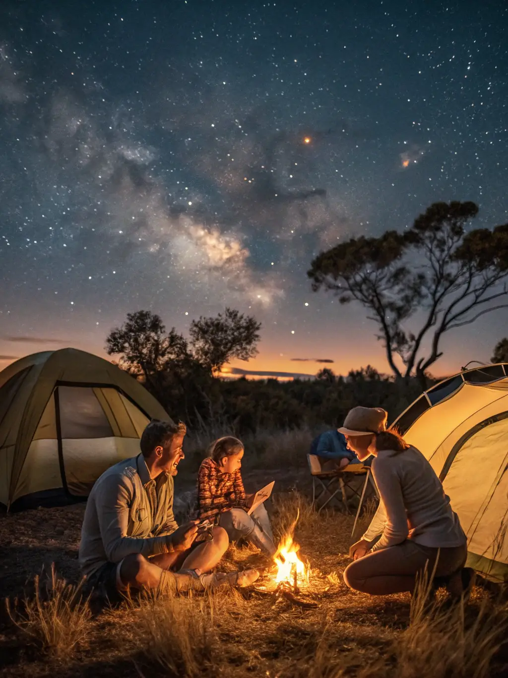 A family happily gathered around a campfire in a picturesque campsite, illustrating the family-friendly adventure options available through Xtrem Reboot.
