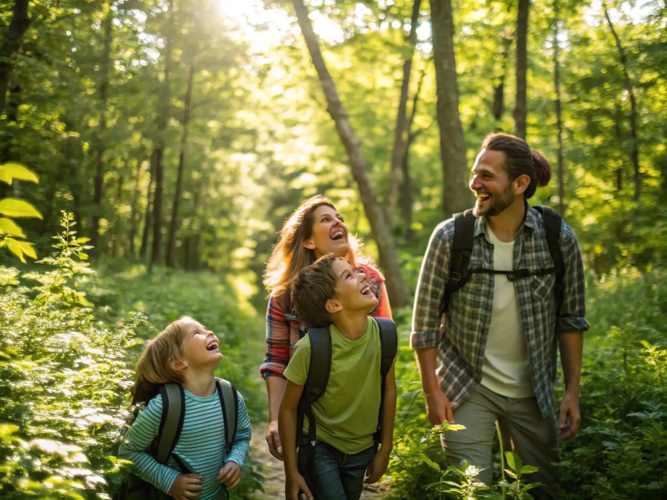 A heartwarming image of a family laughing together while hiking through a scenic forest trail, emphasizing the joy of shared experiences and the beauty of nature.