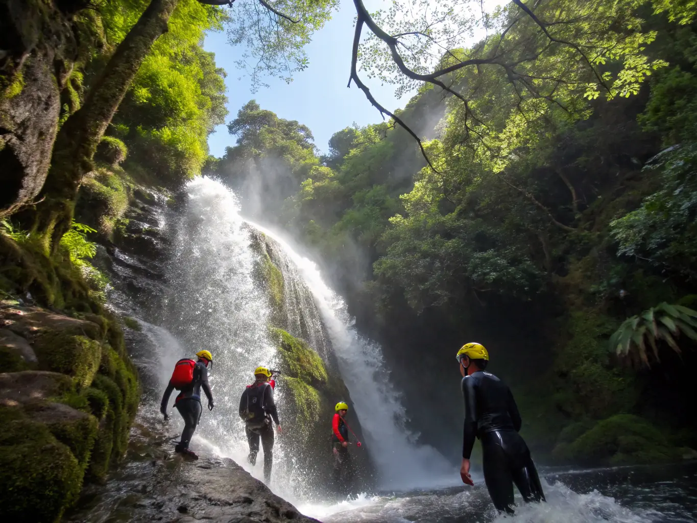 A vibrant image showcasing a group of adventurers successfully completing a canyoning expedition, emphasizing the thrill and achievement of booking through Xtrem Reboot.