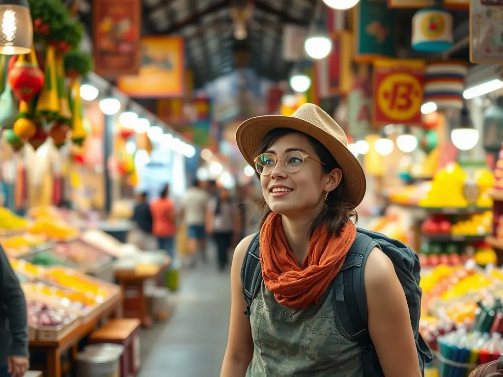 A serene image of a nomad exploring a vibrant local market in a foreign country, capturing the essence of cultural immersion and authentic travel experiences.